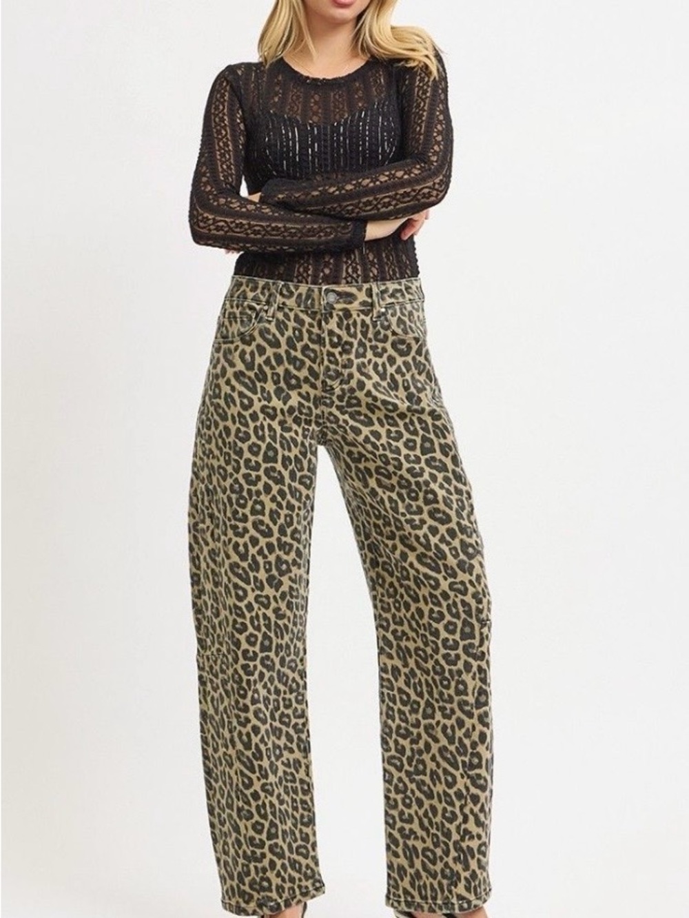 Women’s Risen Barrel Leopard Print Jeans - Beige Black - Picture 11 of 11